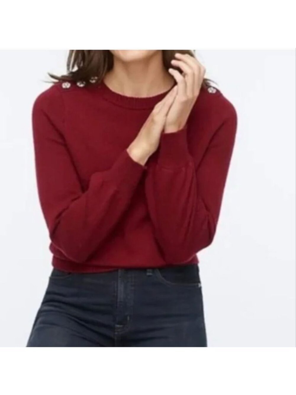 NWT J. Crew Burgundy Gem Embellished Button Shoulder Sweater Puff Sleeve XXS 2XS
